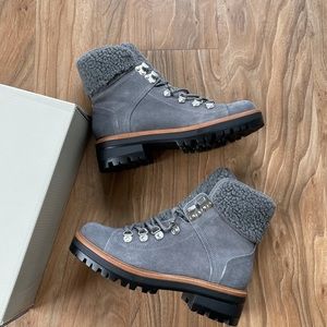 MARC FISHER Genuine Leather And Sherpa Lace Up Boots